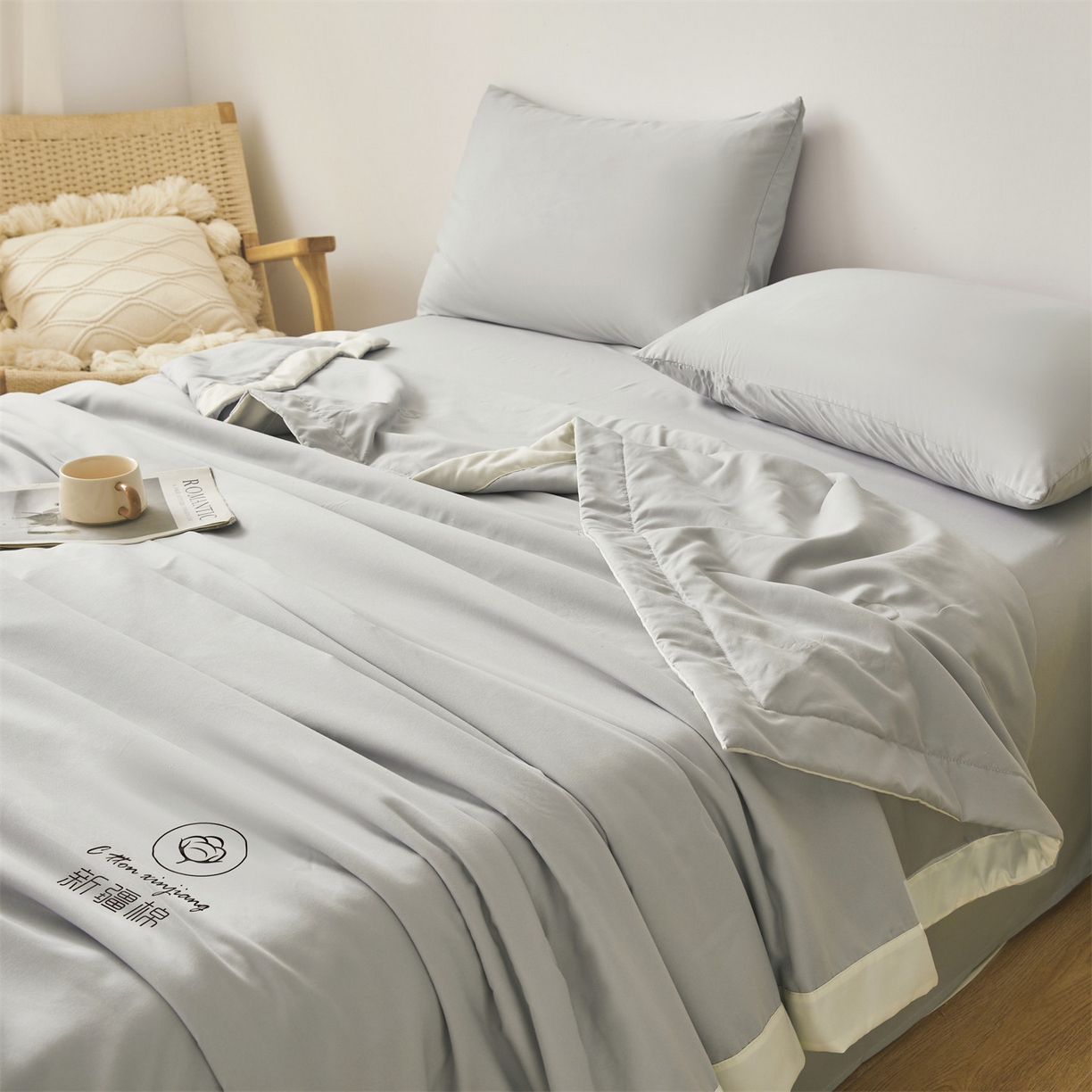 91家纺网 家纺一手货源 找家纺 梵蒂莎 【地板价】2026新品水洗棉新疆棉花夏被纯色夏被格子小清新空调被被子被芯（需要买家秀，加微信） 灰色-白边