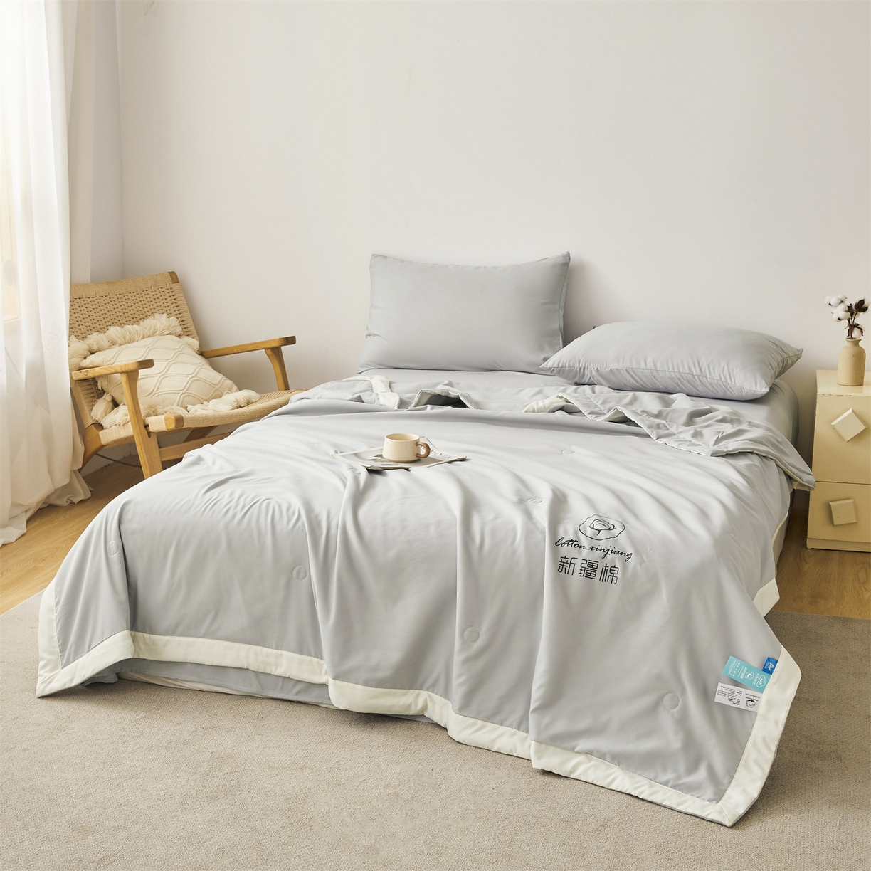 91家纺网 家纺一手货源 找家纺 梵蒂莎 【地板价】2026新品水洗棉新疆棉花夏被纯色夏被格子小清新空调被被子被芯（需要买家秀，加微信） 灰色-白边