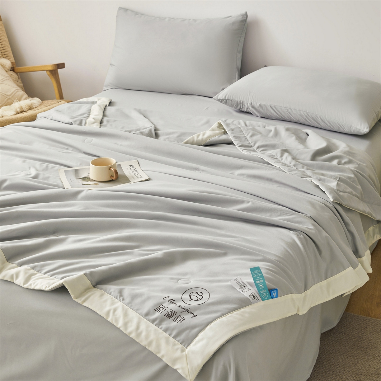 91家纺网 家纺一手货源 找家纺 梵蒂莎 【地板价】2026新品水洗棉新疆棉花夏被纯色夏被格子小清新空调被被子被芯（需要买家秀，加微信） 灰色-白边