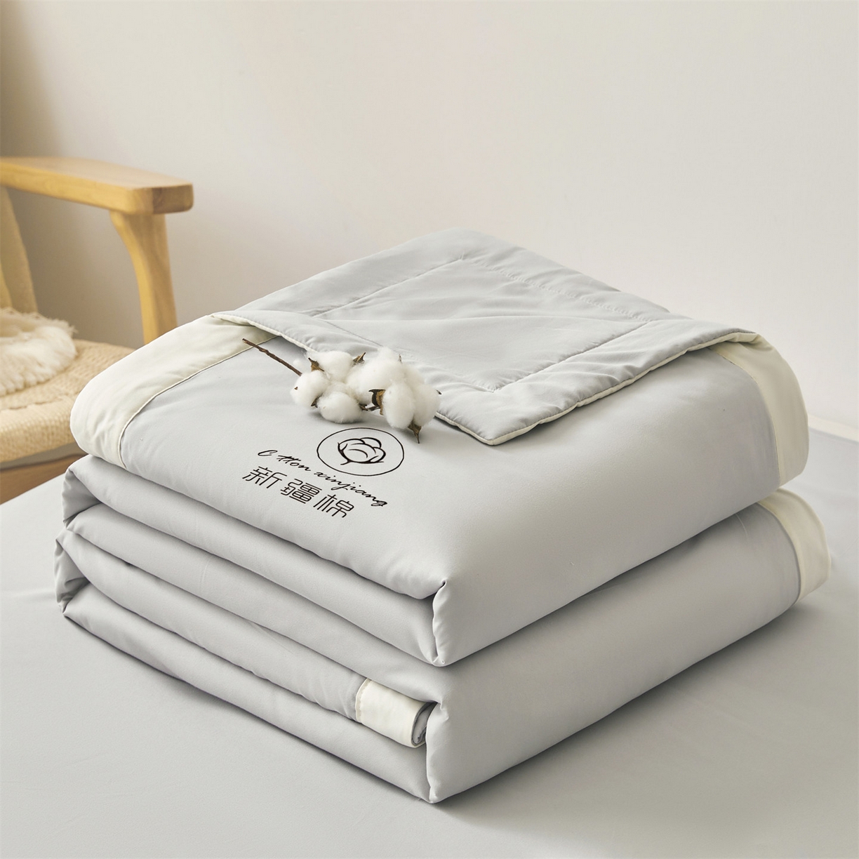 91家纺网 家纺一手货源 找家纺 梵蒂莎 【地板价】2026新品水洗棉新疆棉花夏被纯色夏被格子小清新空调被被子被芯（需要买家秀，加微信） 灰色-白边