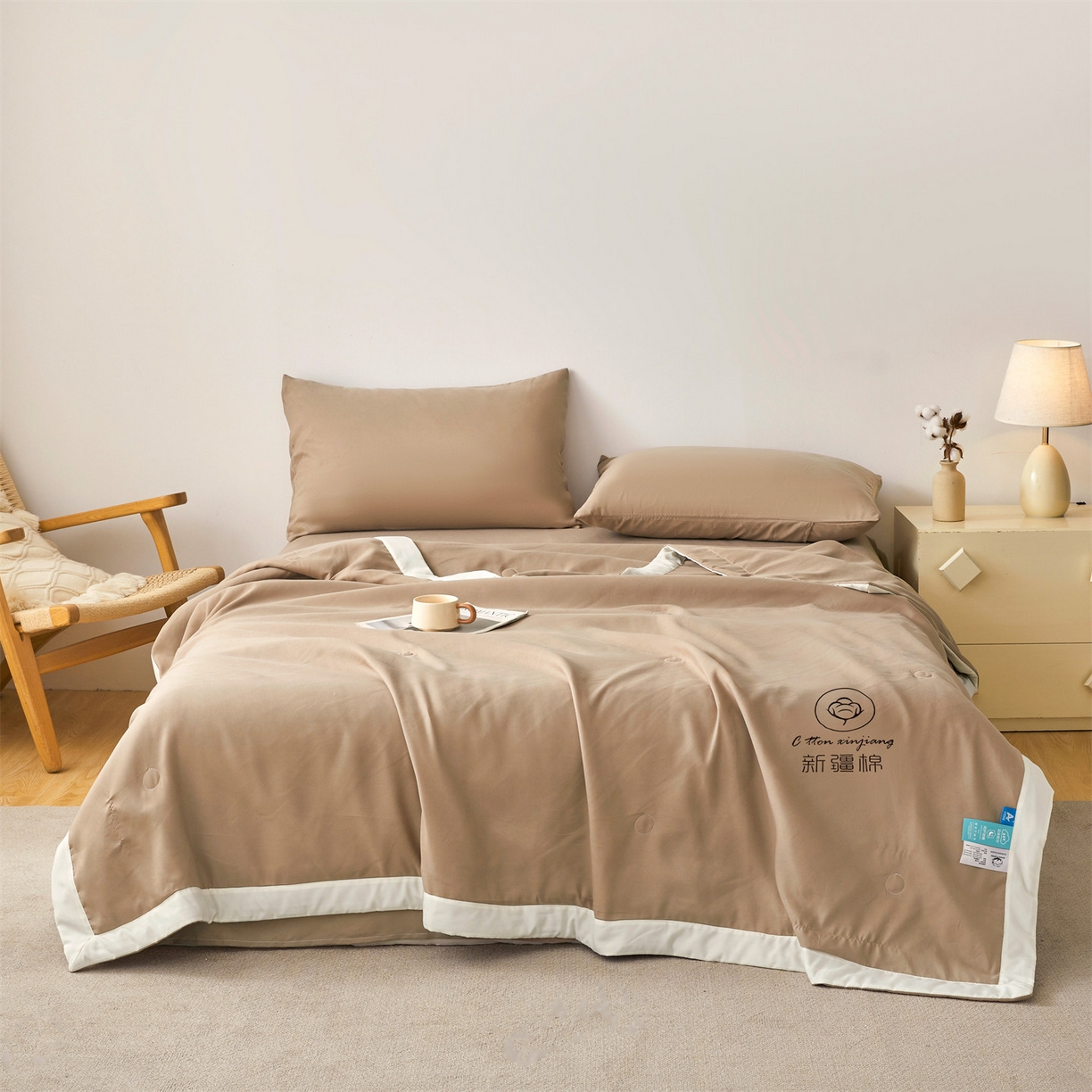 91家纺网 家纺一手货源 找家纺 梵蒂莎 【地板价】2026新品水洗棉新疆棉花夏被纯色夏被格子小清新空调被被子被芯（需要买家秀，加微信） 咖色-白边