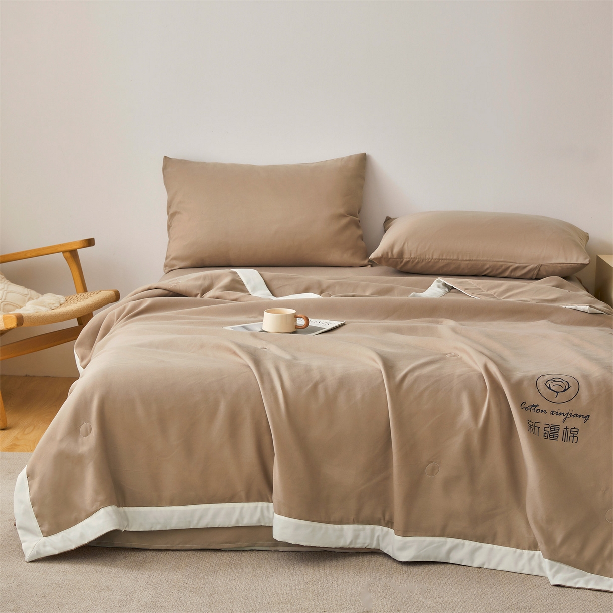 91家纺网 家纺一手货源 找家纺 梵蒂莎 【地板价】2026新品水洗棉新疆棉花夏被纯色夏被格子小清新空调被被子被芯（需要买家秀，加微信） 咖色-白边