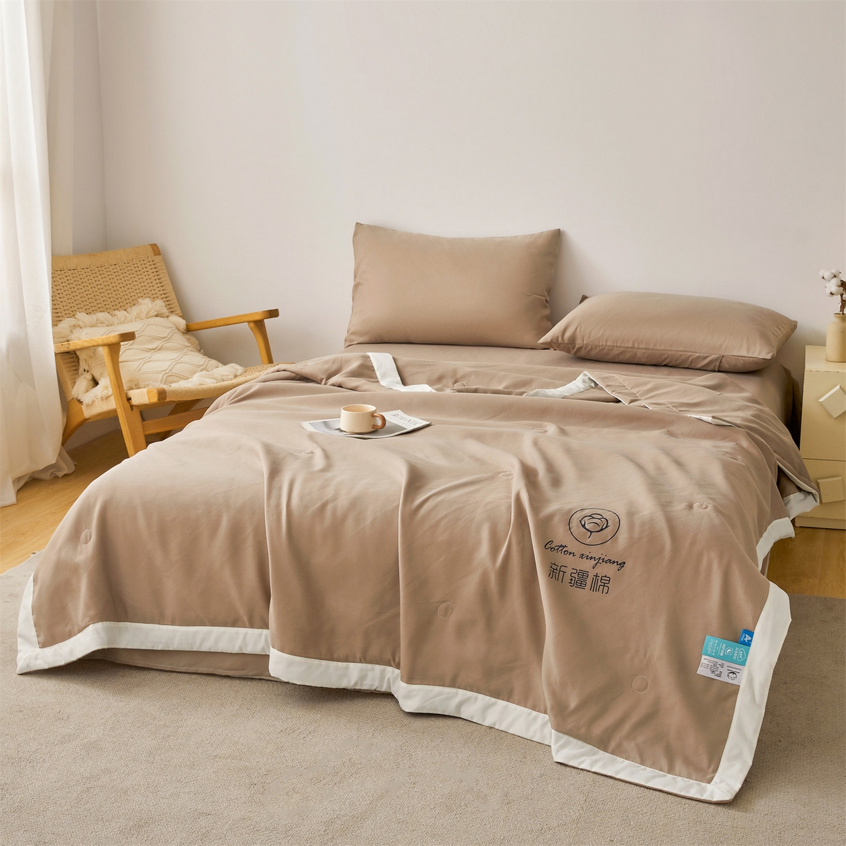 91家纺网 家纺一手货源 找家纺 梵蒂莎 【地板价】2026新品水洗棉新疆棉花夏被纯色夏被格子小清新空调被被子被芯（需要买家秀，加微信） 咖色-白边