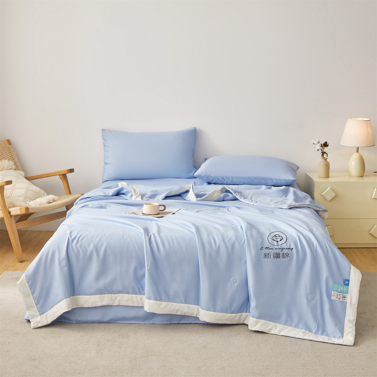 91家纺网 家纺一手货源 找家纺 梵蒂莎 【地板价】2026新品水洗棉新疆棉花夏被纯色夏被格子小清新空调被被子被芯（需要买家秀，加微信） 蓝色-白边