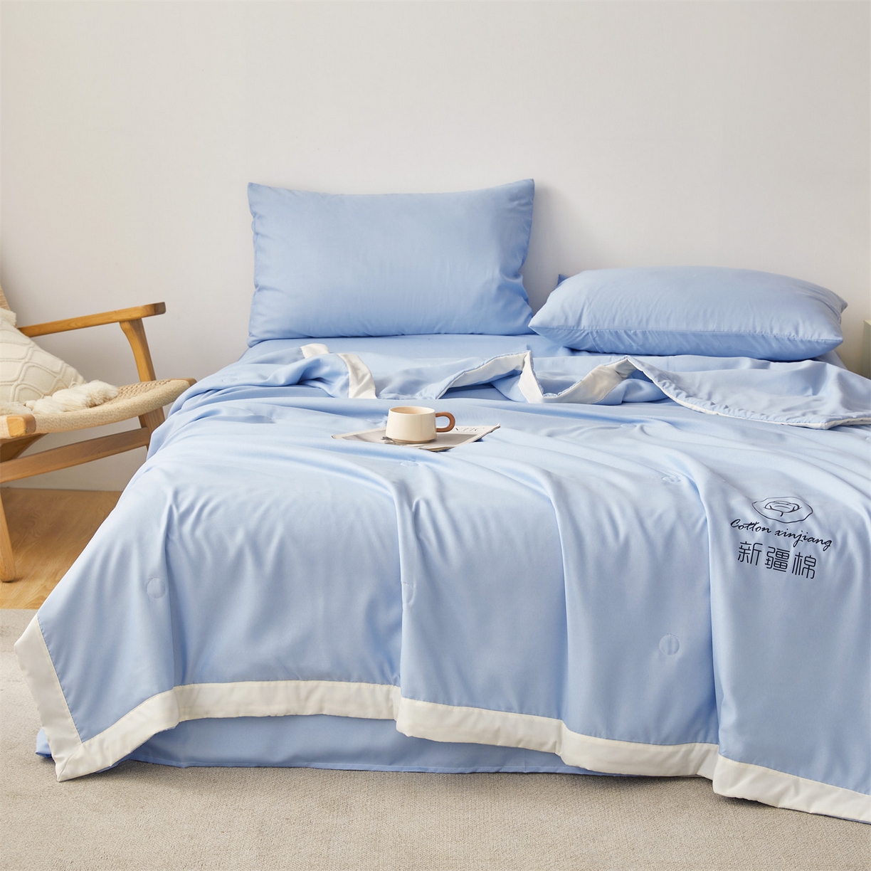 91家纺网 家纺一手货源 找家纺 梵蒂莎 【地板价】2026新品水洗棉新疆棉花夏被纯色夏被格子小清新空调被被子被芯（需要买家秀，加微信） 蓝色-白边