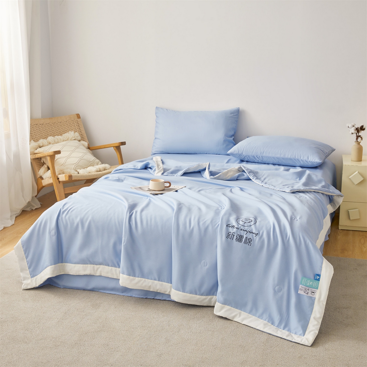 91家纺网 家纺一手货源 找家纺 梵蒂莎 【地板价】2026新品水洗棉新疆棉花夏被纯色夏被格子小清新空调被被子被芯（需要买家秀，加微信） 蓝色-白边