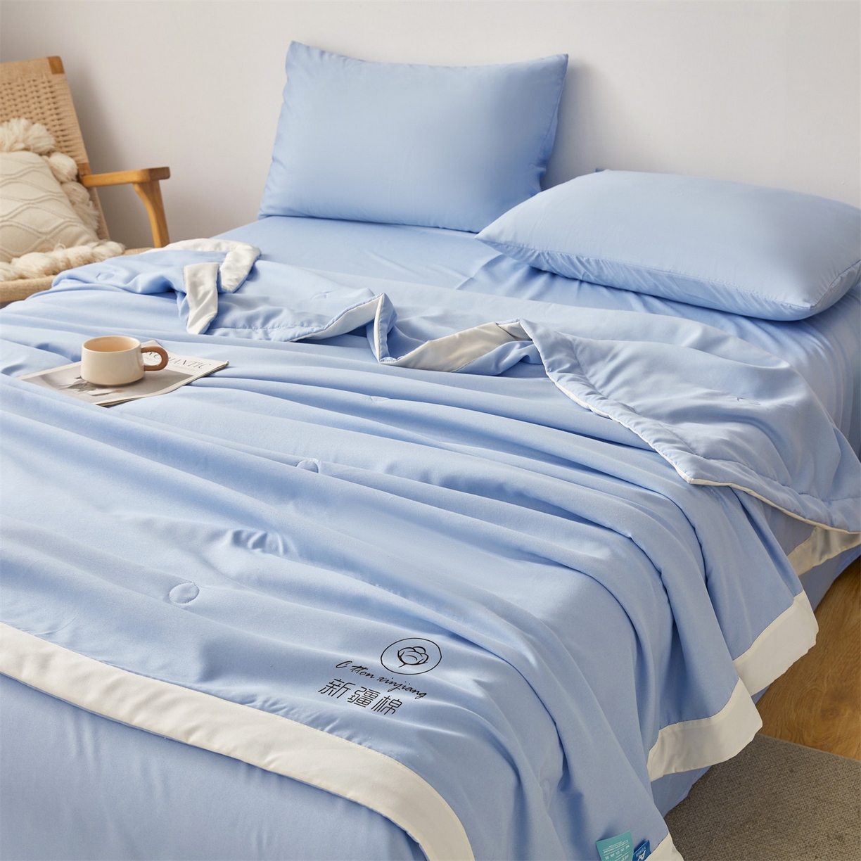 91家纺网 家纺一手货源 找家纺 梵蒂莎 【地板价】2026新品水洗棉新疆棉花夏被纯色夏被格子小清新空调被被子被芯（需要买家秀，加微信） 蓝色-白边