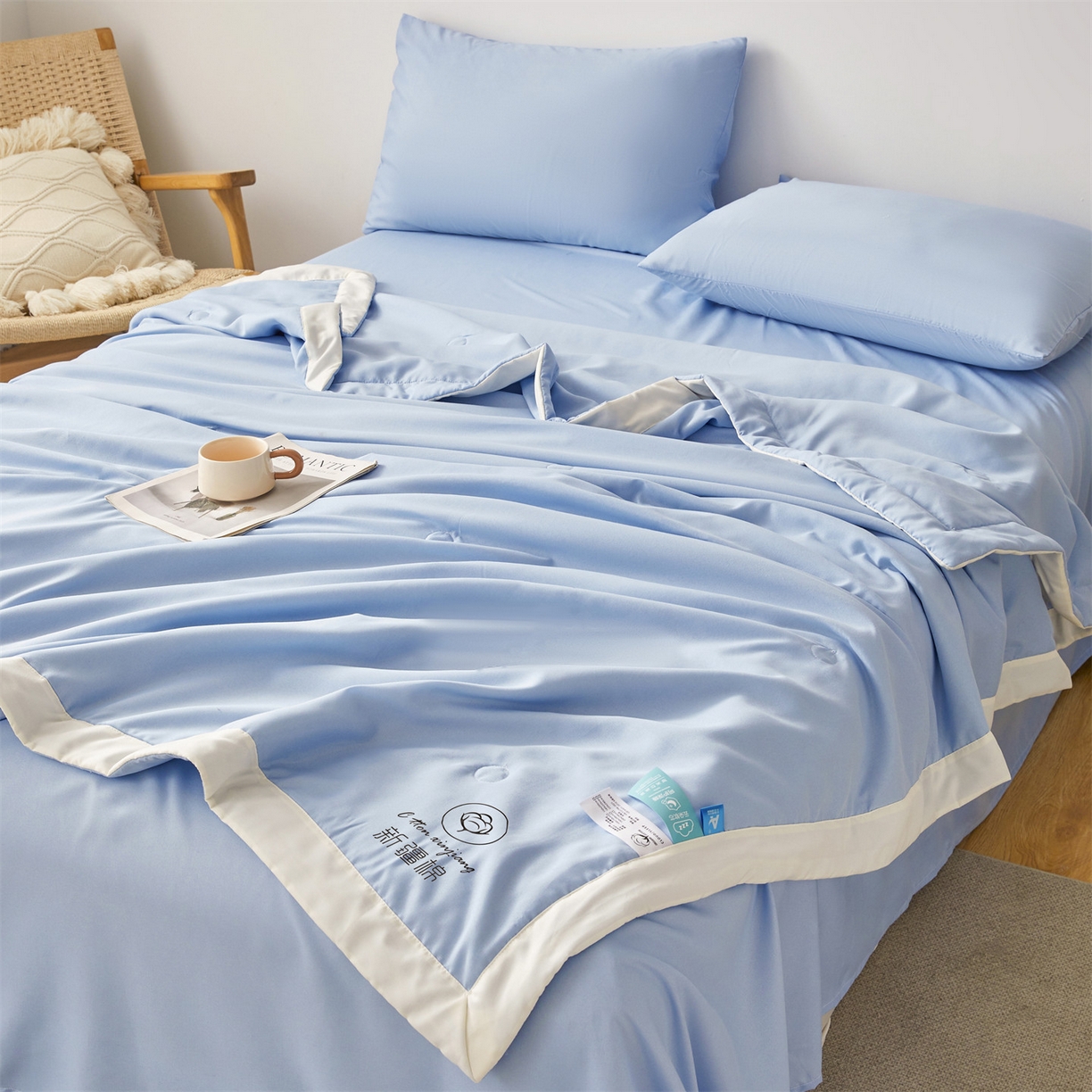 91家纺网 家纺一手货源 找家纺 梵蒂莎 【地板价】2026新品水洗棉新疆棉花夏被纯色夏被格子小清新空调被被子被芯（需要买家秀，加微信） 蓝色-白边