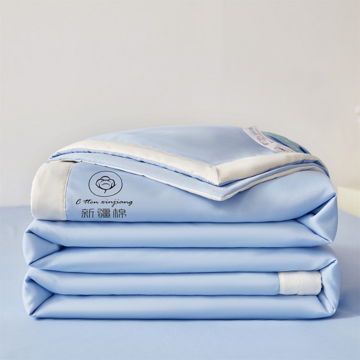 91家纺网 家纺一手货源 找家纺 梵蒂莎 【地板价】2026新品水洗棉新疆棉花夏被纯色夏被格子小清新空调被被子被芯（需要买家秀，加微信） 蓝色-白边