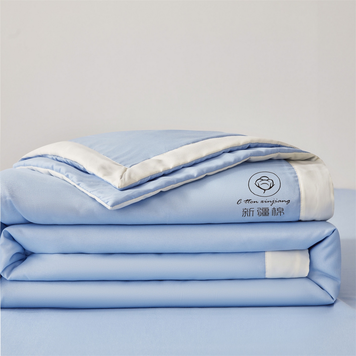 91家纺网 家纺一手货源 找家纺 梵蒂莎 【地板价】2026新品水洗棉新疆棉花夏被纯色夏被格子小清新空调被被子被芯（需要买家秀，加微信） 蓝色-白边