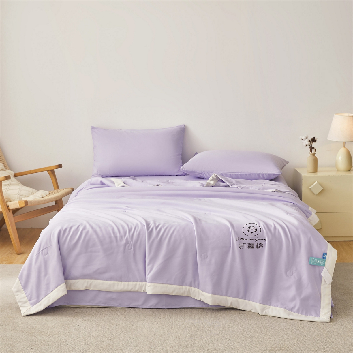 91家纺网 家纺一手货源 找家纺 梵蒂莎 【地板价】2026新品水洗棉新疆棉花夏被纯色夏被格子小清新空调被被子被芯（需要买家秀，加微信） 紫色-白边