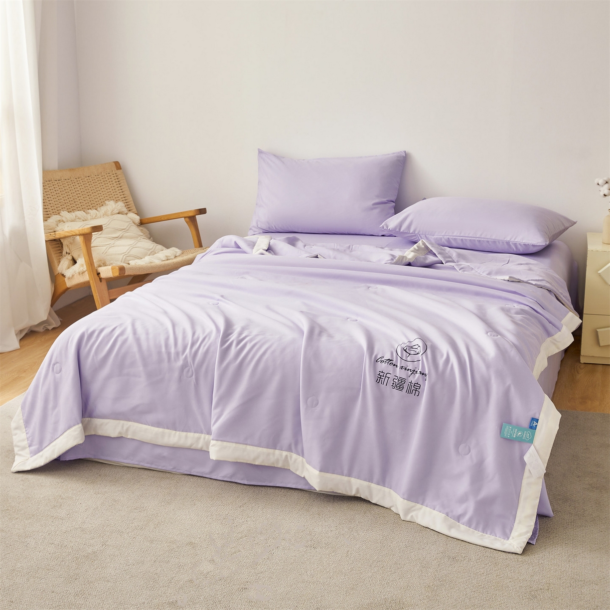 91家纺网 家纺一手货源 找家纺 梵蒂莎 【地板价】2026新品水洗棉新疆棉花夏被纯色夏被格子小清新空调被被子被芯（需要买家秀，加微信） 紫色-白边