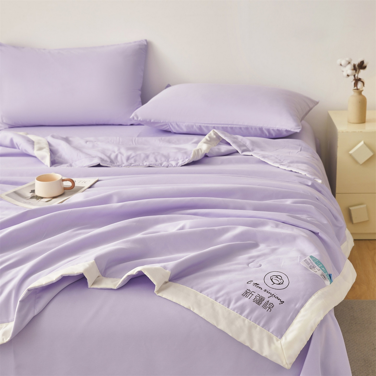 91家纺网 家纺一手货源 找家纺 梵蒂莎 【地板价】2026新品水洗棉新疆棉花夏被纯色夏被格子小清新空调被被子被芯（需要买家秀，加微信） 紫色-白边