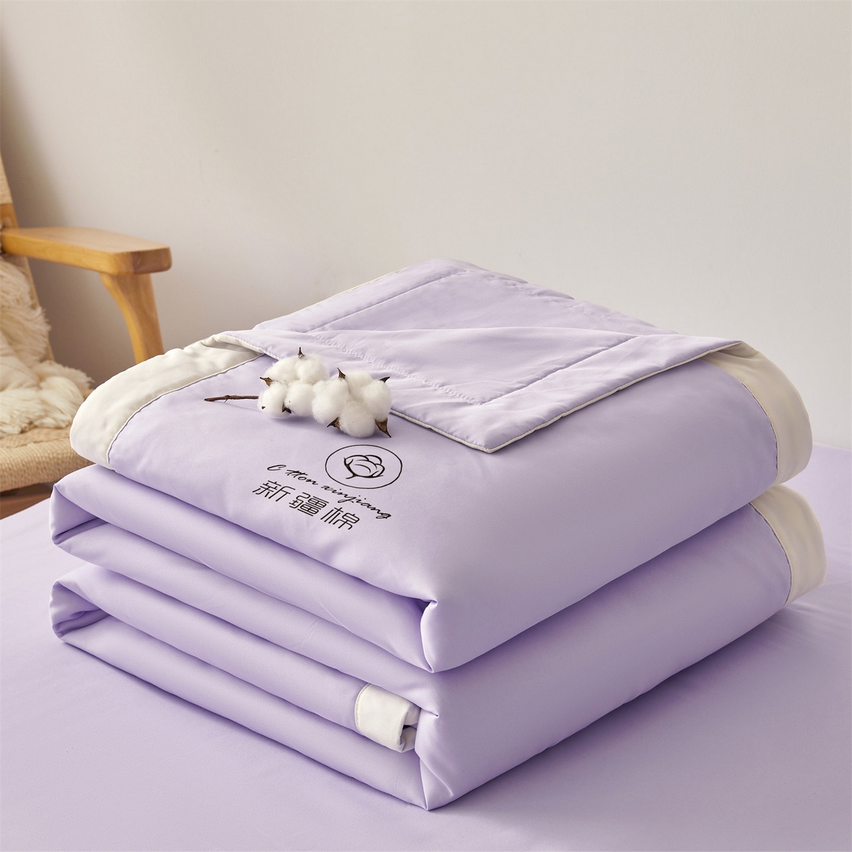 91家纺网 家纺一手货源 找家纺 梵蒂莎 【地板价】2026新品水洗棉新疆棉花夏被纯色夏被格子小清新空调被被子被芯（需要买家秀，加微信） 紫色-白边