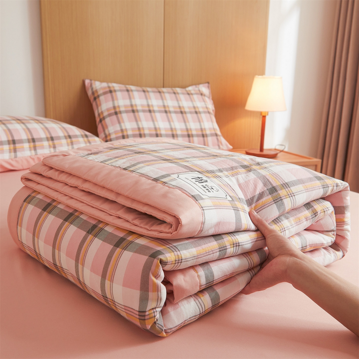 91家纺网 家纺一手货源 找家纺 梵蒂莎 【地板价】2026新品水洗棉新疆棉花夏被无印风夏被格子空调被被子被芯（需要买家秀，加微信） 雅致格-粉