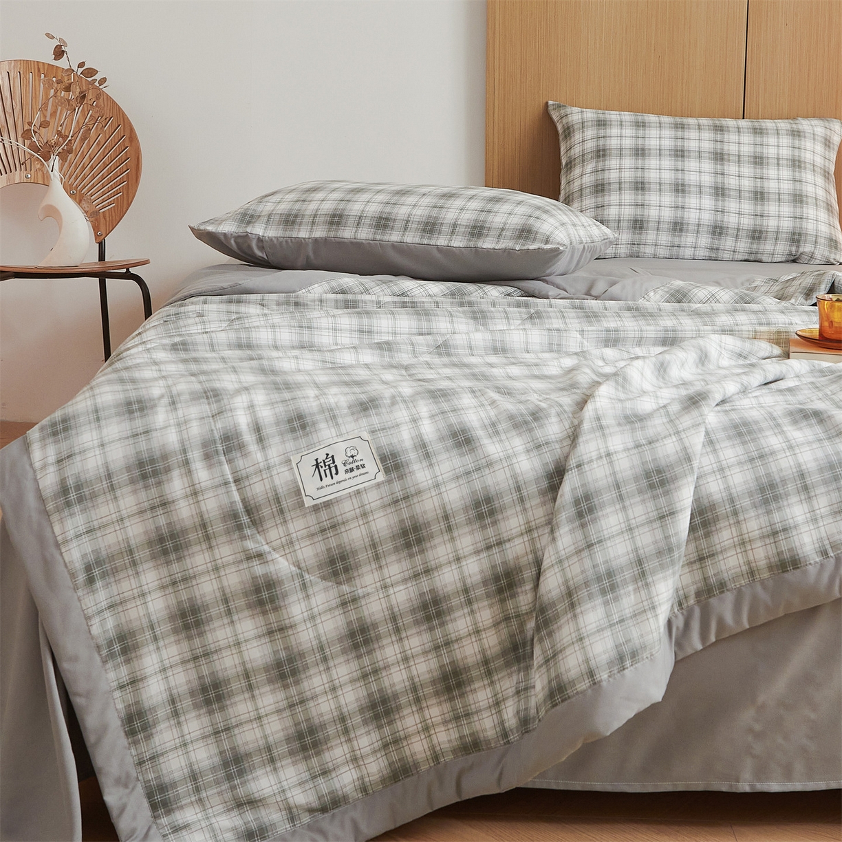 91家纺网 家纺一手货源 找家纺 梵蒂莎 【地板价】2026新品水洗棉新疆棉花夏被无印风夏被格子空调被被子被芯（需要买家秀，加微信） 艾琳-灰