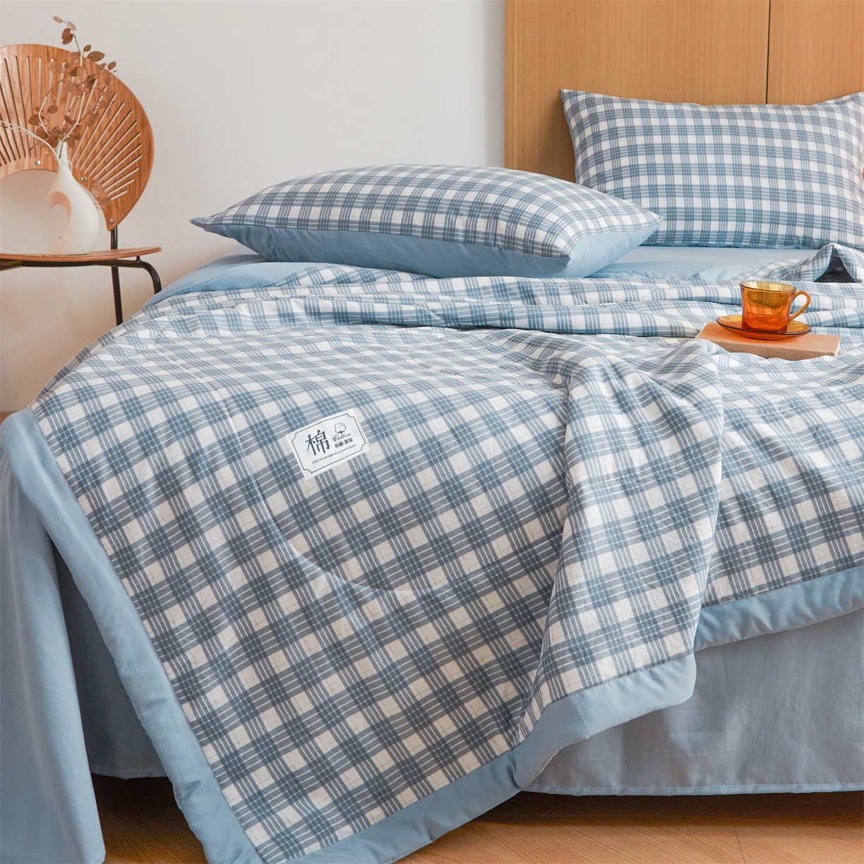 91家纺网 家纺一手货源 找家纺 梵蒂莎 【地板价】2026新品水洗棉新疆棉花夏被无印风夏被格子空调被被子被芯（需要买家秀，加微信） 澳白-蓝