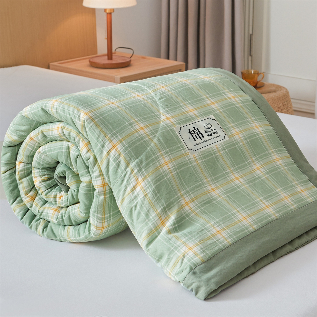 91家纺网 家纺一手货源 找家纺 梵蒂莎 【地板价】2026新品水洗棉新疆棉花夏被无印风夏被格子空调被被子被芯（需要买家秀，加微信） 里约-绿