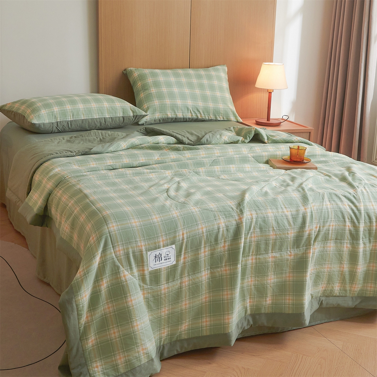 91家纺网 家纺一手货源 找家纺 梵蒂莎 【地板价】2026新品水洗棉新疆棉花夏被无印风夏被格子空调被被子被芯（需要买家秀，加微信） 里约-绿