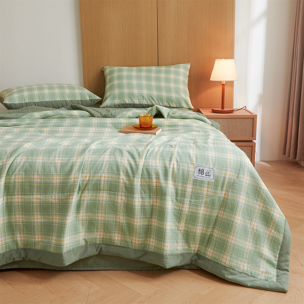 91家纺网 家纺一手货源 找家纺 梵蒂莎 【地板价】2026新品水洗棉新疆棉花夏被无印风夏被格子空调被被子被芯（需要买家秀，加微信） 里约-绿