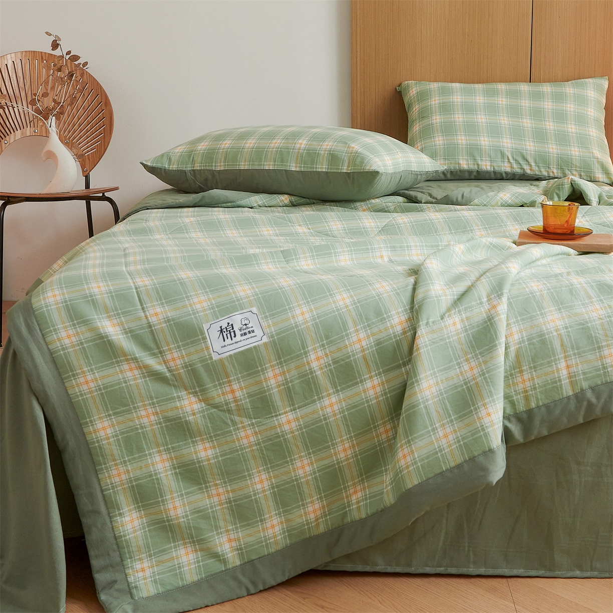 91家纺网 家纺一手货源 找家纺 梵蒂莎 【地板价】2026新品水洗棉新疆棉花夏被无印风夏被格子空调被被子被芯（需要买家秀，加微信） 里约-绿