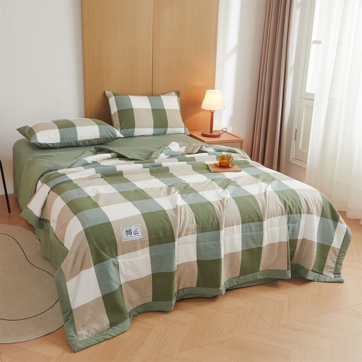 91家纺网 家纺一手货源 找家纺 梵蒂莎 【地板价】2026新品水洗棉新疆棉花夏被无印风夏被格子空调被被子被芯（需要买家秀，加微信） 绿大格