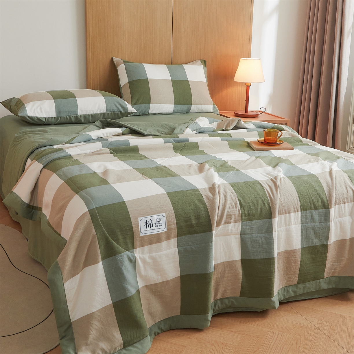 91家纺网 家纺一手货源 找家纺 梵蒂莎 【地板价】2026新品水洗棉新疆棉花夏被无印风夏被格子空调被被子被芯（需要买家秀，加微信） 绿大格