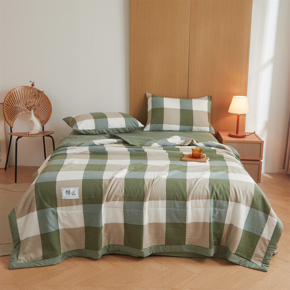 91家纺网 家纺一手货源 找家纺 梵蒂莎 【地板价】2026新品水洗棉新疆棉花夏被无印风夏被格子空调被被子被芯（需要买家秀，加微信） 绿大格