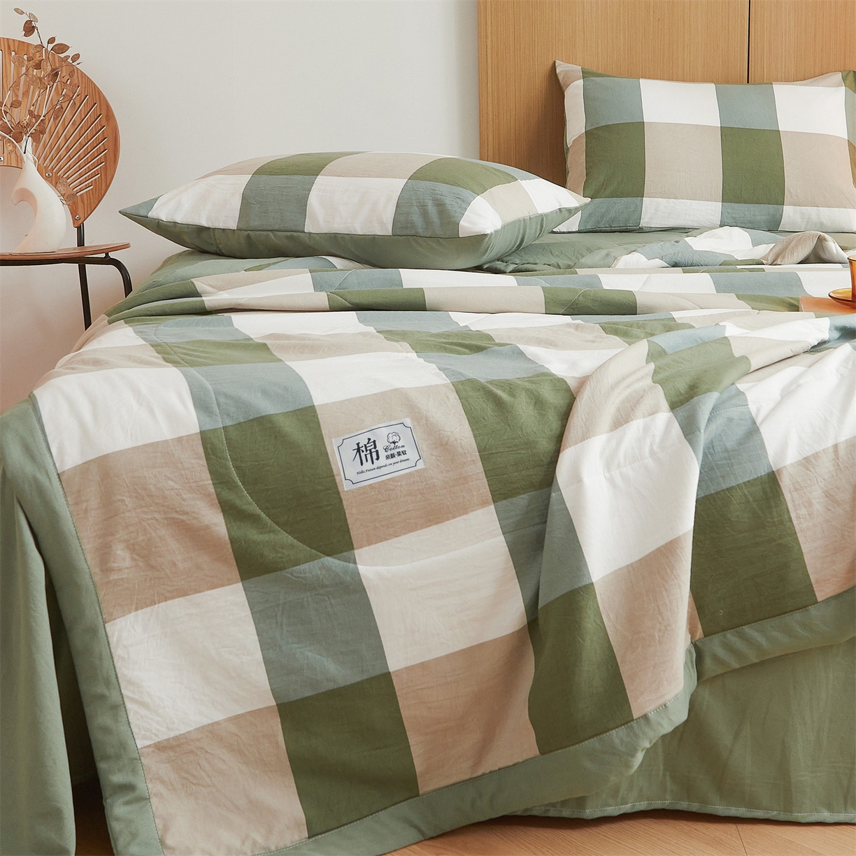 91家纺网 家纺一手货源 找家纺 梵蒂莎 【地板价】2026新品水洗棉新疆棉花夏被无印风夏被格子空调被被子被芯（需要买家秀，加微信） 绿大格