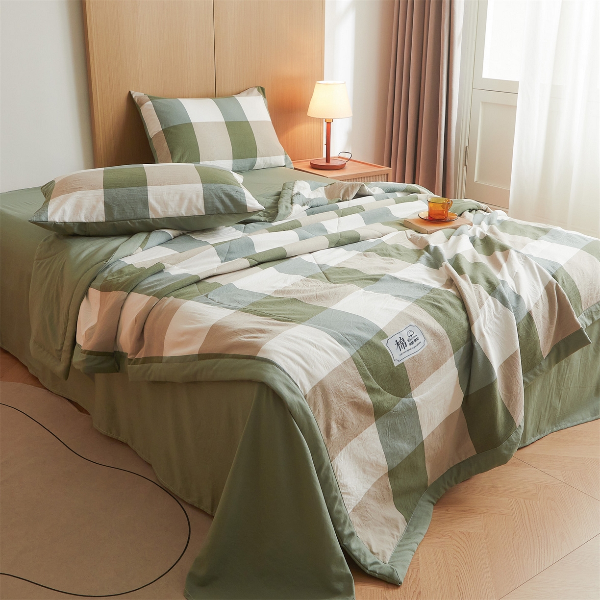 91家纺网 家纺一手货源 找家纺 梵蒂莎 【地板价】2026新品水洗棉新疆棉花夏被无印风夏被格子空调被被子被芯（需要买家秀，加微信） 绿大格