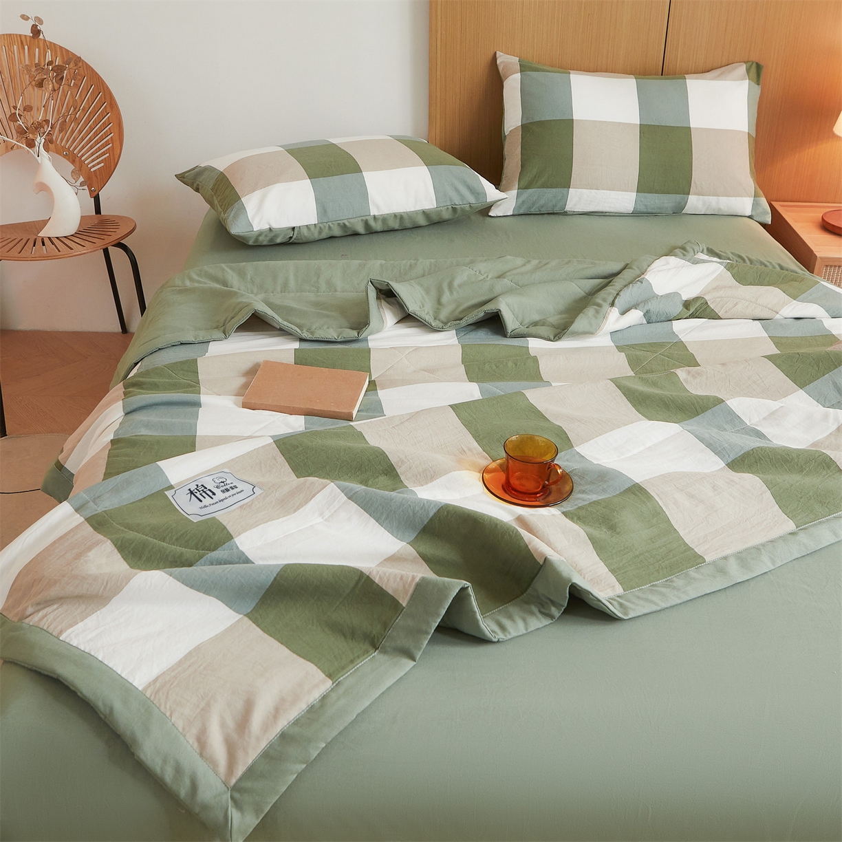 91家纺网 家纺一手货源 找家纺 梵蒂莎 【地板价】2026新品水洗棉新疆棉花夏被无印风夏被格子空调被被子被芯（需要买家秀，加微信） 绿大格