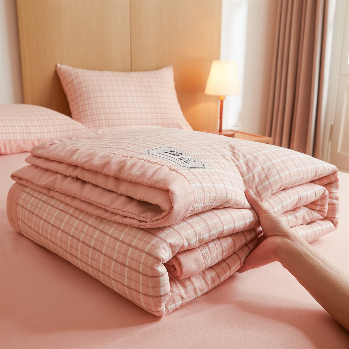 91家纺网 家纺一手货源 找家纺 梵蒂莎 【地板价】2026新品水洗棉新疆棉花夏被无印风夏被格子空调被被子被芯（需要买家秀，加微信） 若兮-粉