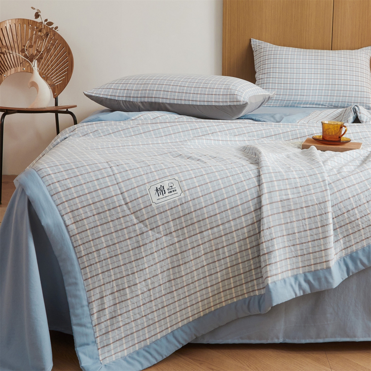 91家纺网 家纺一手货源 找家纺 梵蒂莎 【地板价】2026新品水洗棉新疆棉花夏被无印风夏被格子空调被被子被芯（需要买家秀，加微信） 若兮-蓝