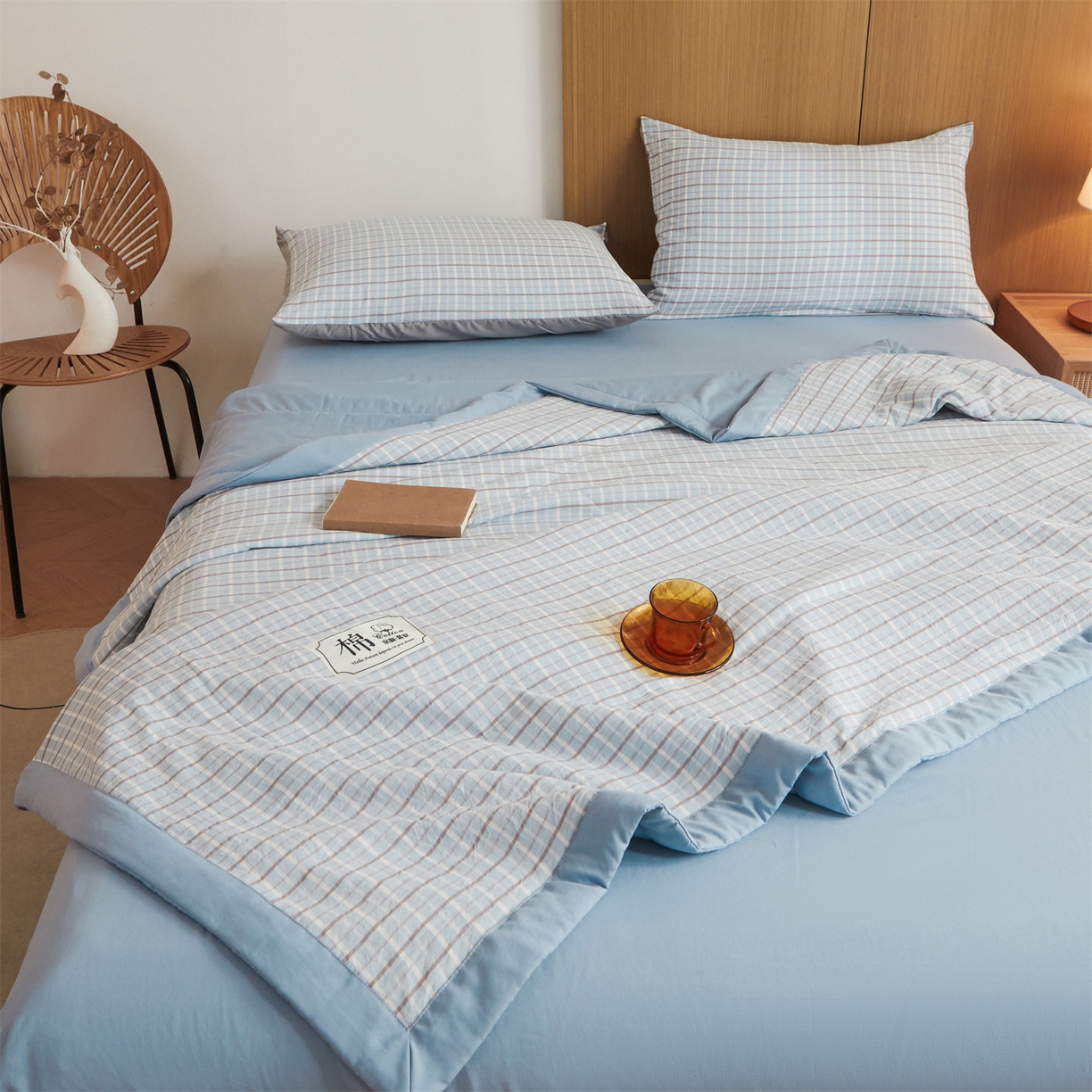 91家纺网 家纺一手货源 找家纺 梵蒂莎 【地板价】2026新品水洗棉新疆棉花夏被无印风夏被格子空调被被子被芯（需要买家秀，加微信） 若兮-蓝