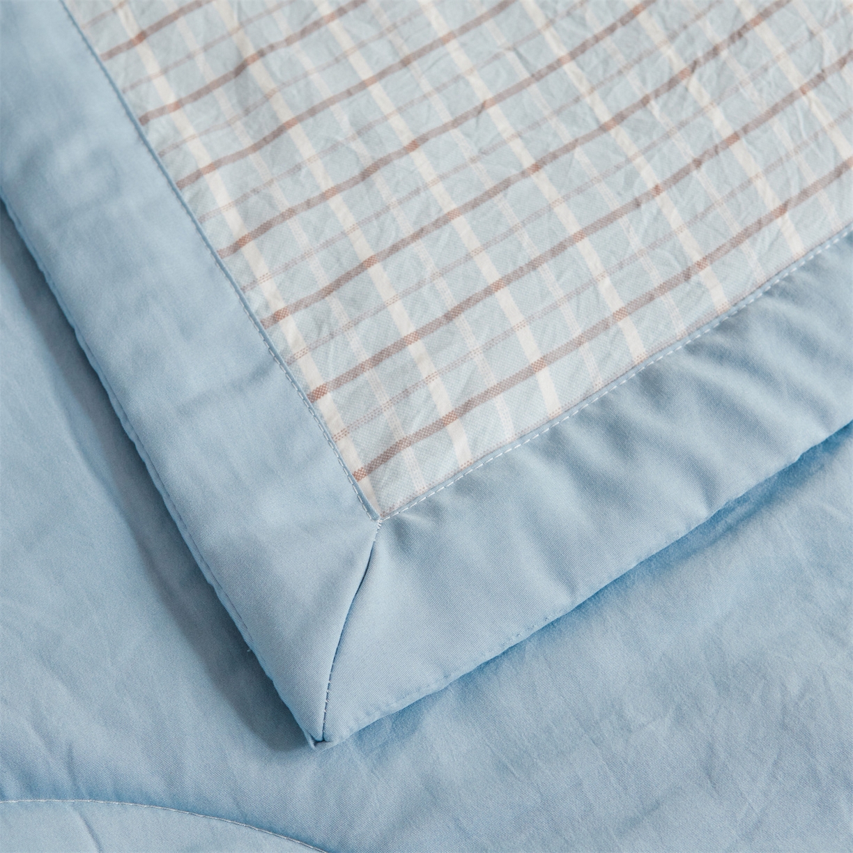 91家纺网 家纺一手货源 找家纺 梵蒂莎 【地板价】2026新品水洗棉新疆棉花夏被无印风夏被格子空调被被子被芯（需要买家秀，加微信） 若兮-蓝