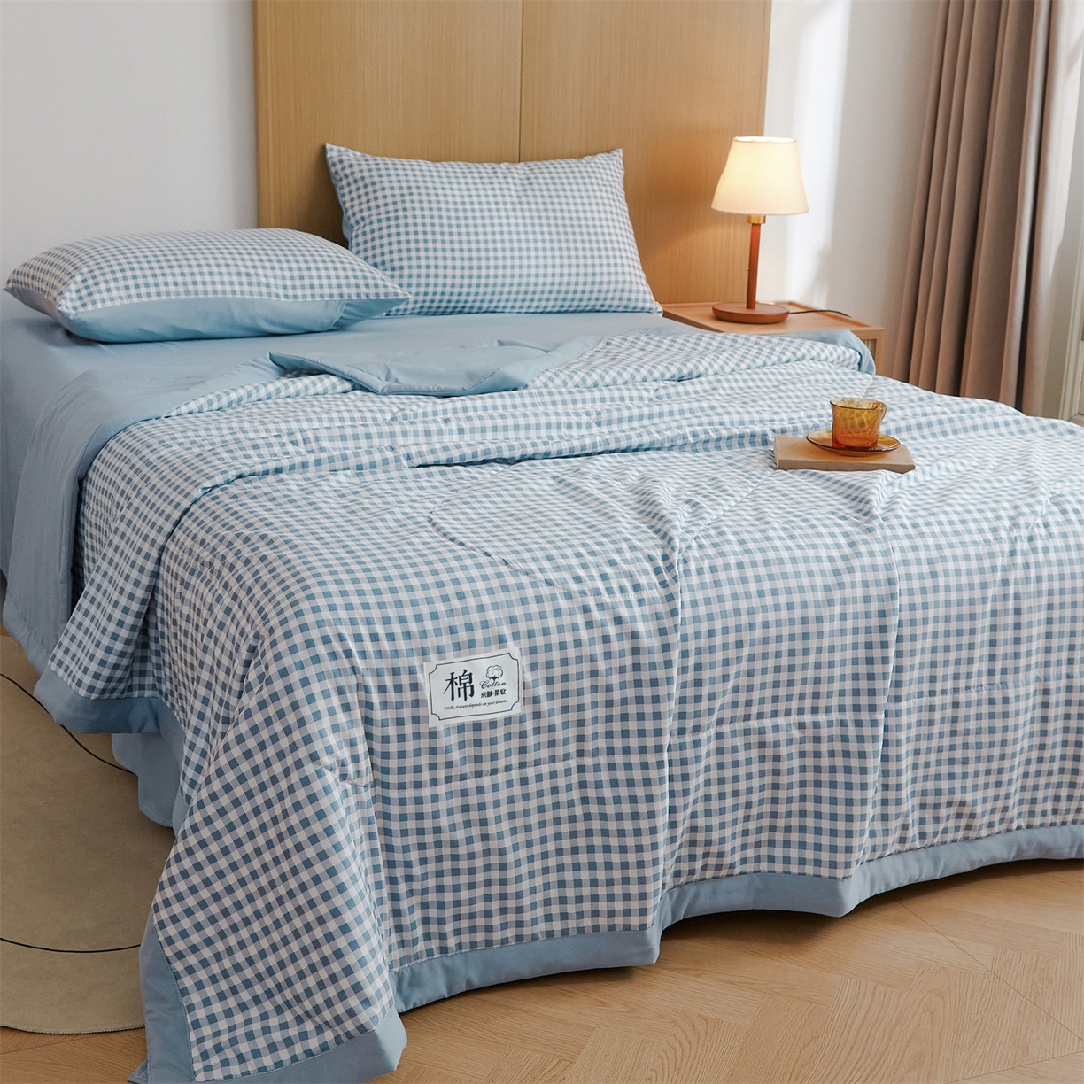 91家纺网 家纺一手货源 找家纺 梵蒂莎 【地板价】2026新品水洗棉新疆棉花夏被无印风夏被格子空调被被子被芯（需要买家秀，加微信） 水兰小格