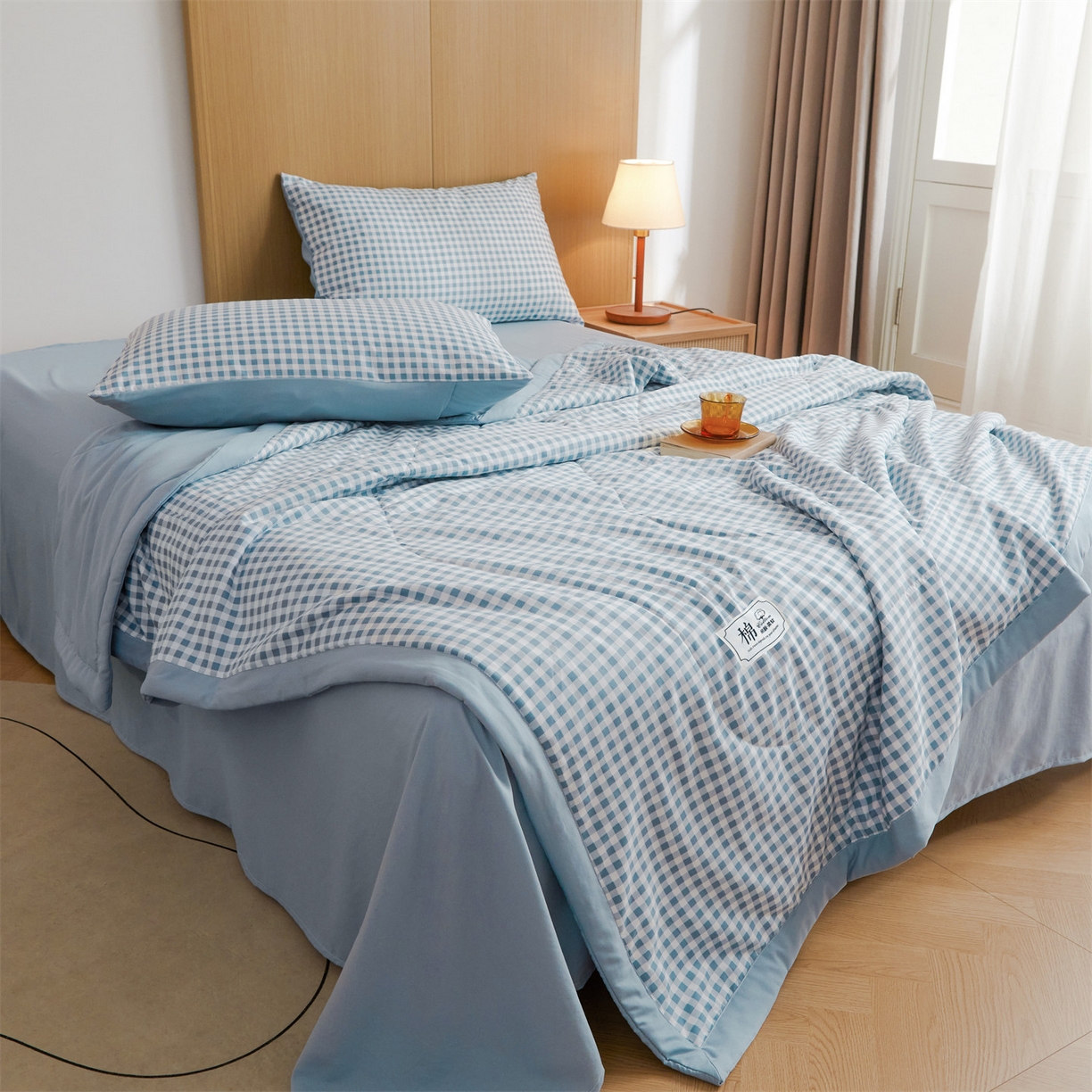 91家纺网 家纺一手货源 找家纺 梵蒂莎 【地板价】2026新品水洗棉新疆棉花夏被无印风夏被格子空调被被子被芯（需要买家秀，加微信） 水兰小格
