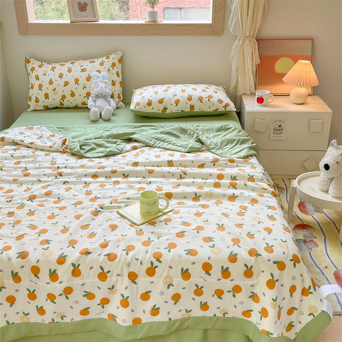 91家纺网 家纺一手货源 找家纺 梵蒂莎 【地板价】2026新品水洗棉新疆棉花夏被印花夏被格子小清新空调被被子被芯（需要买家秀，加微信） 橙意满满-绿