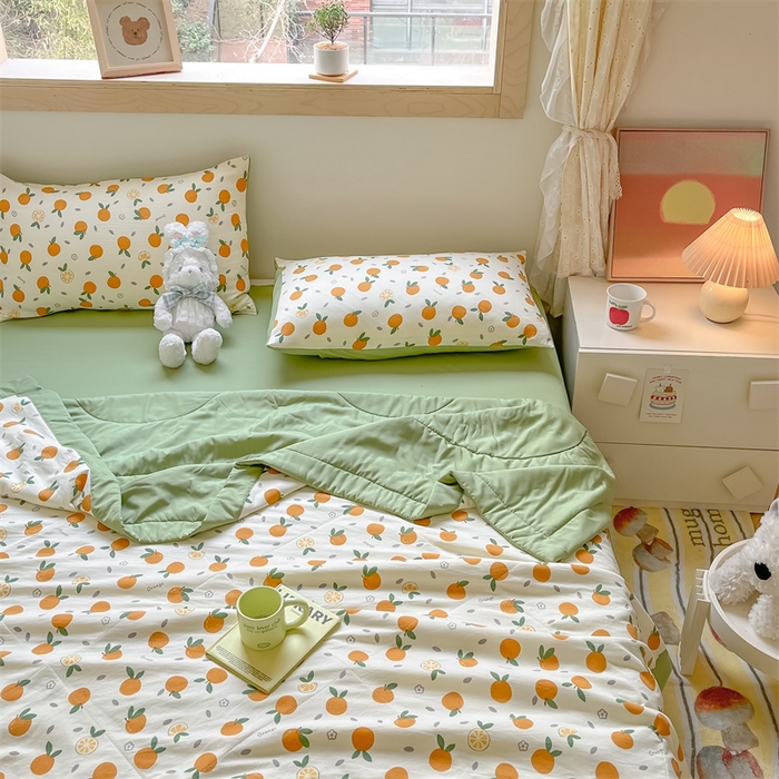 91家纺网 家纺一手货源 找家纺 梵蒂莎 【地板价】2026新品水洗棉新疆棉花夏被印花夏被格子小清新空调被被子被芯（需要买家秀，加微信） 橙意满满-绿