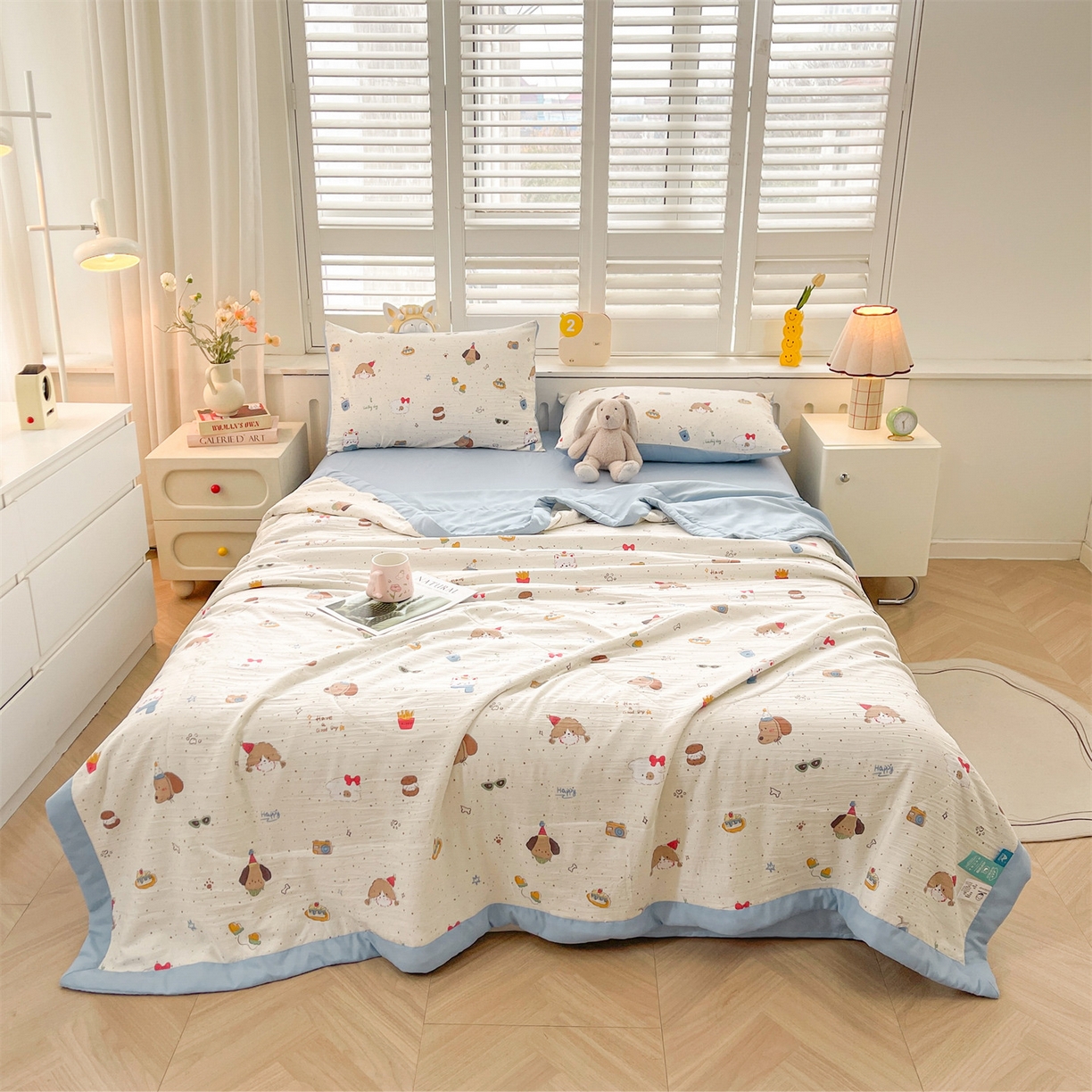 91家纺网 家纺一手货源 找家纺 梵蒂莎 【地板价】2026新品水洗棉新疆棉花夏被印花夏被格子小清新空调被被子被芯（需要买家秀，加微信） 萌趣小狗