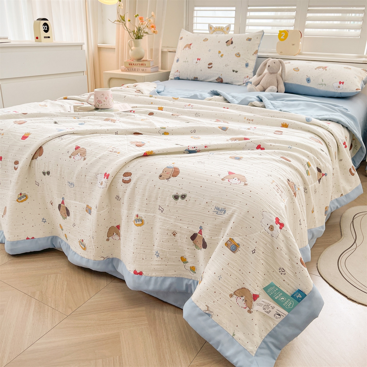 91家纺网 家纺一手货源 找家纺 梵蒂莎 【地板价】2026新品水洗棉新疆棉花夏被印花夏被格子小清新空调被被子被芯（需要买家秀，加微信） 萌趣小狗