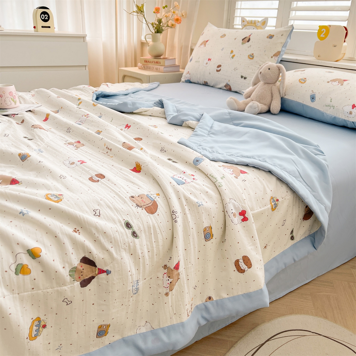 91家纺网 家纺一手货源 找家纺 梵蒂莎 【地板价】2026新品水洗棉新疆棉花夏被印花夏被格子小清新空调被被子被芯（需要买家秀，加微信） 萌趣小狗