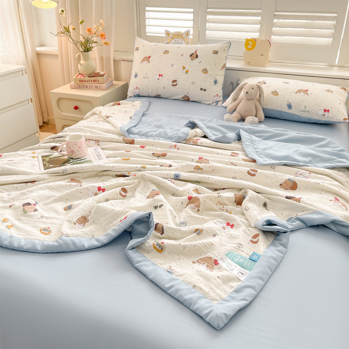 91家纺网 家纺一手货源 找家纺 梵蒂莎 【地板价】2026新品水洗棉新疆棉花夏被印花夏被格子小清新空调被被子被芯（需要买家秀，加微信） 萌趣小狗