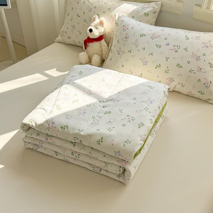 91家纺网 家纺一手货源 找家纺 慕尚家纺 2026新款水洗棉可爱小清新夏被空调被夏凉被 花朵兔