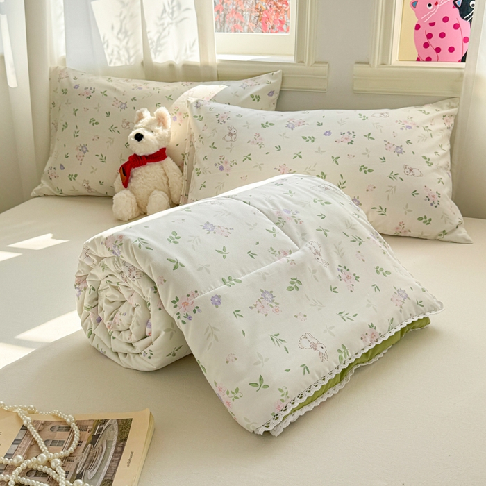 91家纺网 家纺一手货源 找家纺 慕尚家纺 2026新款水洗棉可爱小清新夏被空调被夏凉被 花朵兔