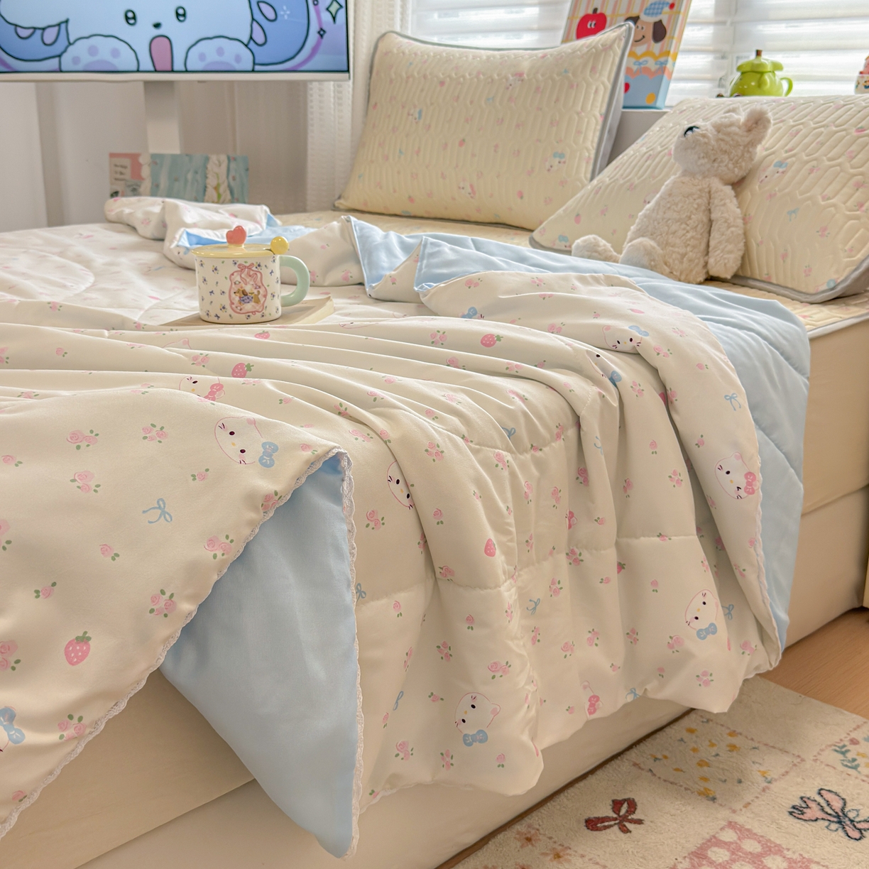 91家纺网 家纺一手货源 找家纺 慕尚家纺 2026新款水洗棉可爱小清新夏被空调被夏凉被 可爱kt