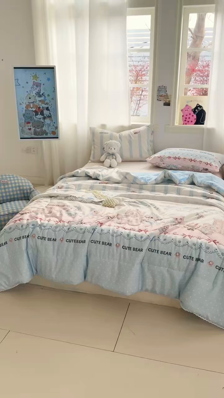 91家纺网 家纺一手货源 找家纺 慕尚家纺 2026新款水洗棉可爱小清新夏被空调被夏凉被 洛丽塔小熊