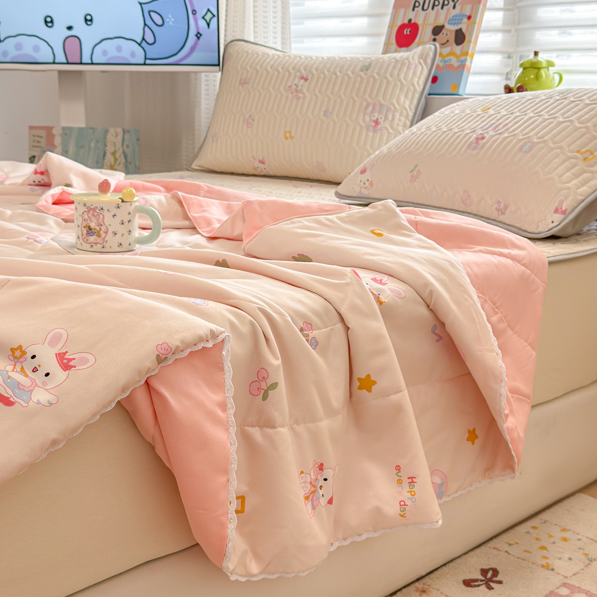 91家纺网 家纺一手货源 找家纺 慕尚家纺 2026新款水洗棉可爱小清新夏被空调被夏凉被 美美乐蒂