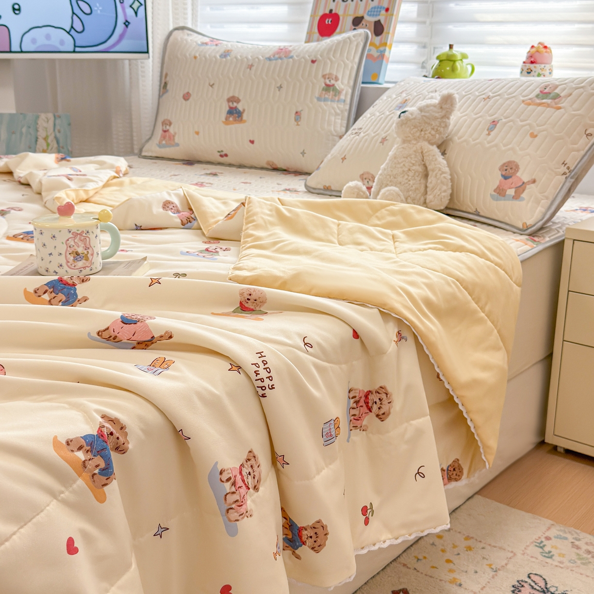 91家纺网 家纺一手货源 找家纺 慕尚家纺 2026新款水洗棉可爱小清新夏被空调被夏凉被 魔法小狗