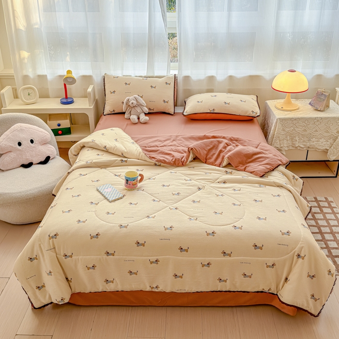 91家纺网 家纺一手货源 找家纺 几禾 2026新款云感双层纱抗菌花边夏被-晴风系列 晴风-俏皮狗